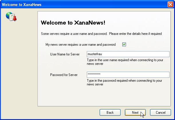 Welcome to XanaNews - Eingabe Benutzername und Passwort